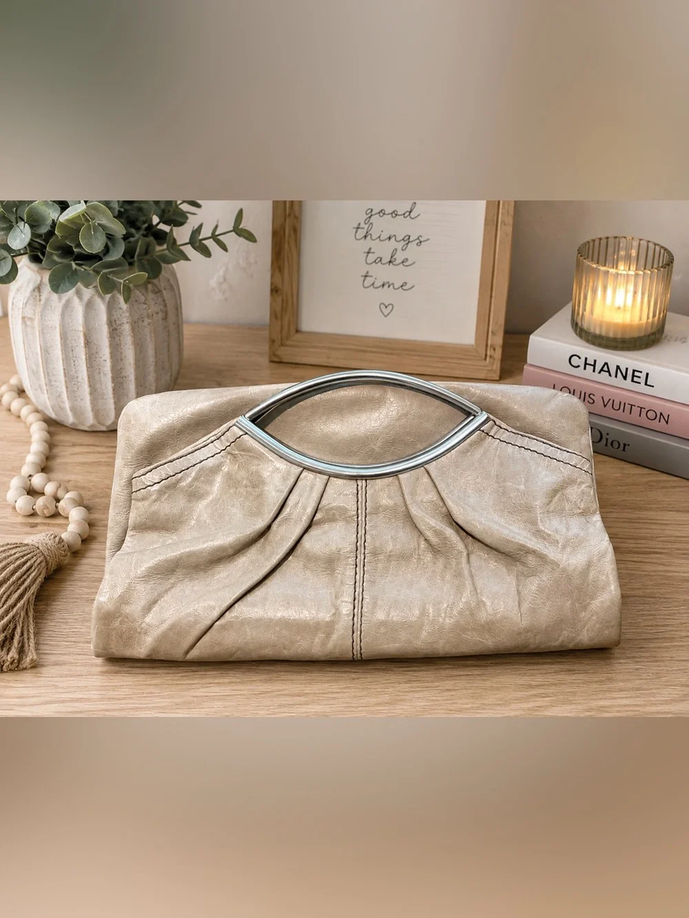 Hobo International Taupe Leather Foldover Handbag #1040